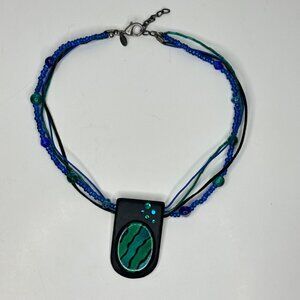 Chicos Multi-Strand Blue & Green Beaded Necklace With Black Pendant